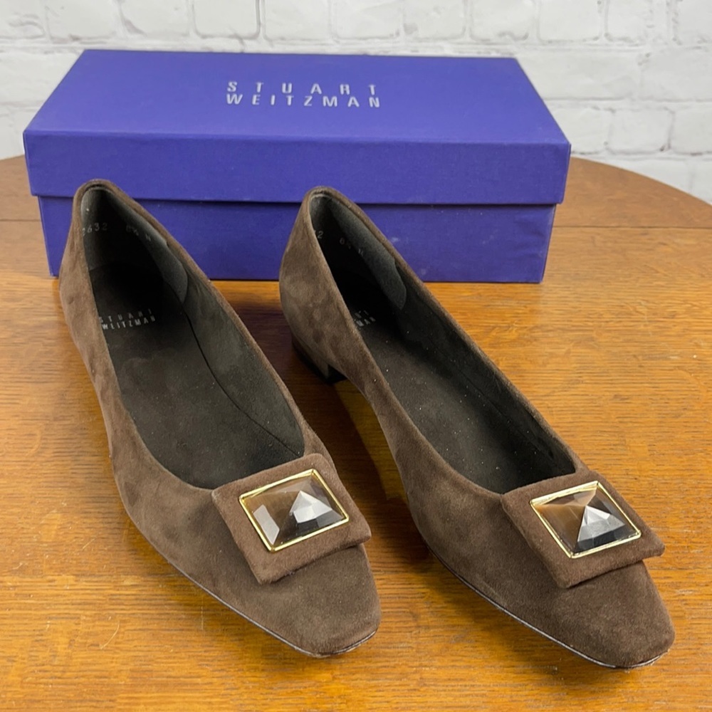 Stuart Weitzman "Beget" Brown Suede Flats w/ Gold